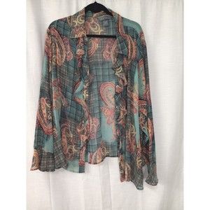 Koret Paisley Long Sleeve Ruffle Blouse Top Shirt Women Size 26 Plus Pink Teal